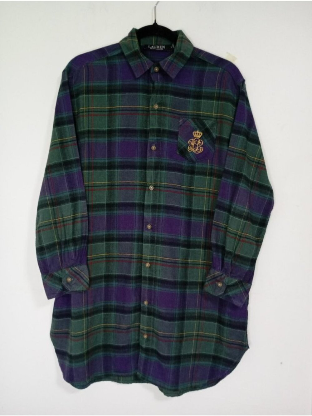 Lauren Ralph Lauren Sleep Shirt Womens Plaid Long Sleeve Pocket, S cotton blend